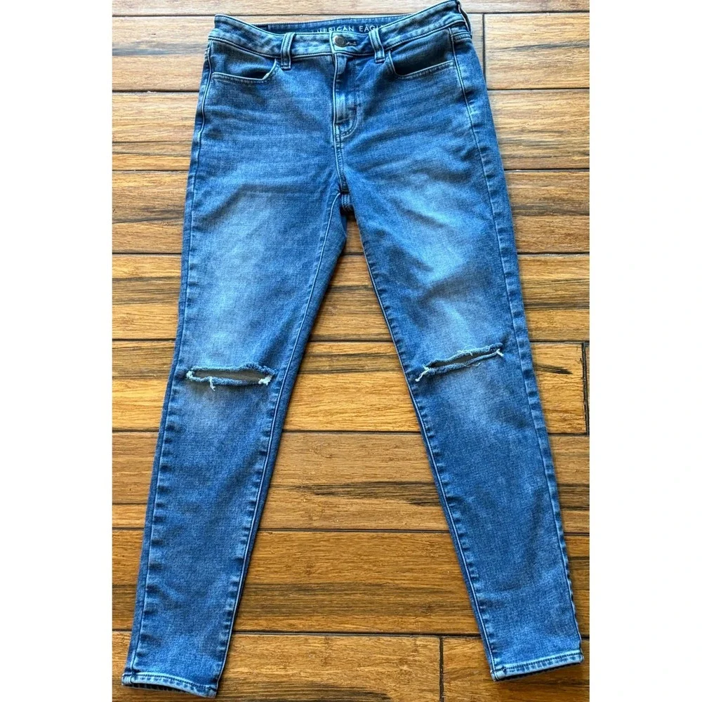 American Eagle Super Stretch Skinny Jeans Womens 10 Regular Medium Wash Ripped